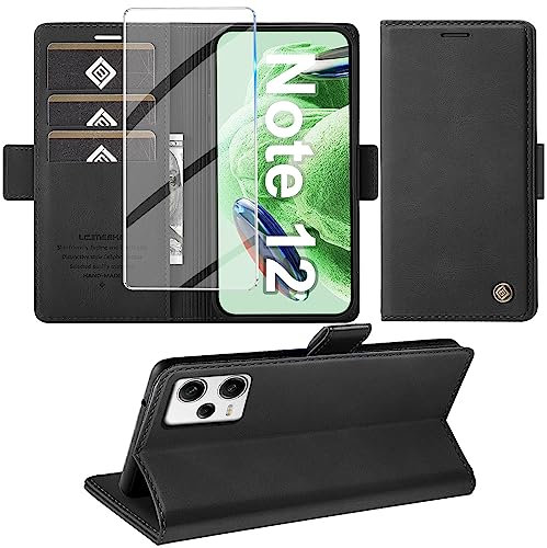 Giyer Handyhülle für Xiaomi Redmi Note 12 5G Hülle mit Displayschutzfolie, Schutzhülle PU Leder Wallet Flip Case Ständer Kartenfach Klapphülle Tache (Schwarz)