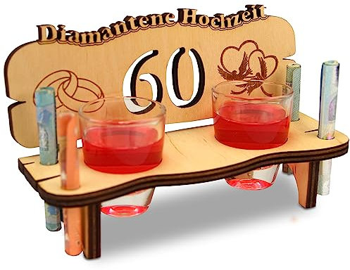 Urhome Hochzeit Schnapsbank aus Holz und 2 Schnapsgläser - 60. Hochzeitstag zur Diamantene Hochzeit - Hochzeitsbank mit Gläser zum Jubiläum Jahrestag - Hochzeitsgeschenk für Brautpaar