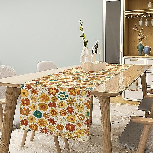 Tischläufer im 70er-Jahre-Stil, Retro-Blumenmuster, Boho, abstrakt, gelb-orangefarbene Blumen, grooviger Tischläufer für Landhausküche, Esszimmer, Party, Picknick, Tischdekoration, 33 x 228 cm