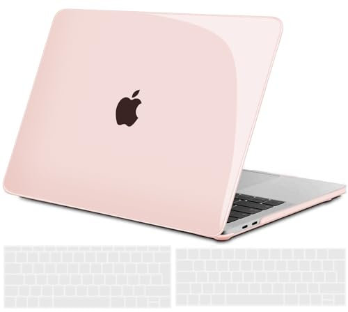 TECOOL Funda para MacBook Pro 13 Pulgadas 2016-2022 (M2 M1 A2338 A2289 A2251 A2159 A1989 A1706) con Touch Bar, Carcasa de Plástico Ultrafina y Cubierta del Teclado UE, Rosa Pálido Brillante