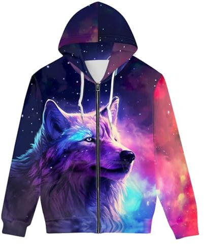 ENLACHIC Sweat à capuche zippé imprimé 3D loup galaxie pour homme avec poches