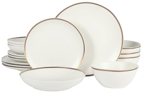 Gibson Elite Kings Road - Juego de vajilla de porcelana redonda orgánica y resistente a los arañazos, color blanco mate con borde dorado
