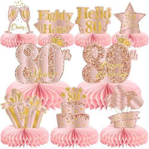 9 Stück 80 Geburtstag Deko,Deko 80. Geburtstag Frauen,Roségold Rosa Bienenwabe Mittelstück Tischdeko Geburtstag,80 Geburtstag Party Deko Supplies,Geschenke Für Frauen Zum Geburtstag