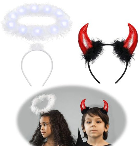 Weißer Heiligenschein Engel und Schwarz Teufelshörner Haarreif Set,Heiligenschein Engel,Haarreif Fasching Damen,Teufel Hörner Damen,Halloween Karnevals Fasching Accessoires