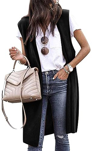 PDYLZWZY Cardigan long en tricot pour femme - Sans manches - Avec poches avant ouvertes - Drapé - Décontracté