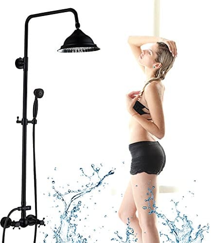 Antik Duschset 8 Zoll Dusch Armatur Retro Handbrause Duschsystem Duschkopf Rund Regendusche Brause badzimmer Wandmontage Duschgarnitur Set Nostalgie Schwarz