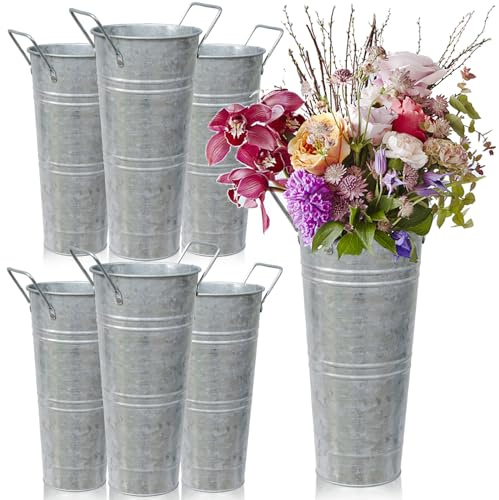 Verzinkte Metallvasen, Bauernhaus, französische Blumen, Eimervase mit Griffen, rustikaler Blumenhalter aus Zinn, Blumenhalter für Schnittpflanzen, Einweihungsgeschenk für Balkon, Garten, Innenhof, 6