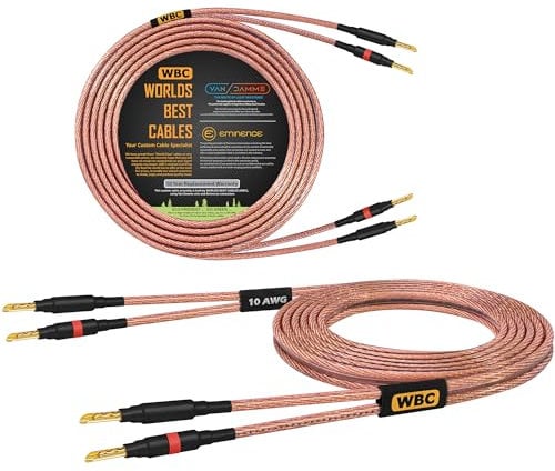 WORLDS BEST CABLES Van Damme 2 x 6.00 mm2 (2x 10AWG) - 3 Meter – 99.99% UP-LCOFC Figure-8 Audiophile Hi-Fi Speaker Cable Pair w/Eminence Gold Plated Banana Plugs