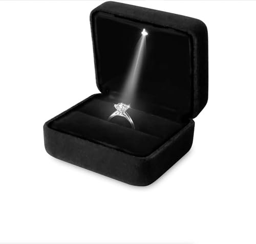 DELALO® Ring Box mit LED Licht - Ringschachtel Ring Samt - Ringschatulle mit LED-Beleuchtung - Für Verlobung, Antrag, Hochzeit (Schwarz)