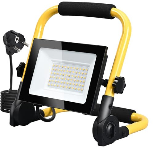 MOLVCE Projecteur de chantier LED 50 W 3000 K blanc chaud, arceau pliable, avec câble d'alimentation 3 m et prise, étanche IP66, convient pour les chantiers de construction, les ateliers