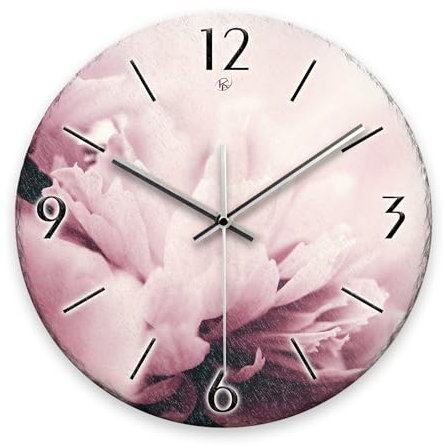 Kreative Feder Wanduhr „Dahlie“ aus Stein (Keramik) in Schiefer-Optik; Durchmesser 30cm; mit leisem Uhrwerk (Dahlie, leises Funkuhrwerk)