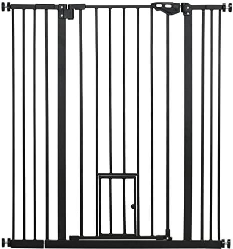 PawHut Barrera de Seguridad para Perros con 1 Puerta Pequeña 74-101x104,1 cm Barrera para Mascotas Extensible con Cierre Automático y Sistema de Doble Bloqueo para Puerta Pasillo Escalera Negro
