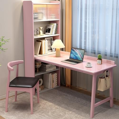 Scrivania angolare moderna in legno massello con libreria e porta in vetro, con ripiani aperti, postazione di lavoro per studio e scrittura (119 cm, rosa)