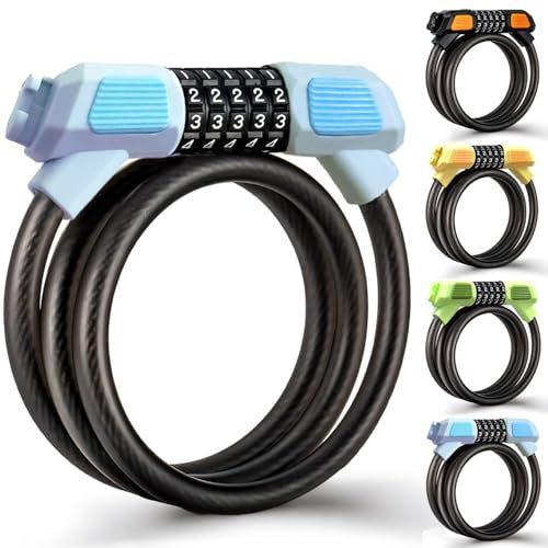 Fenxyo Antivol Velo, Serrure à câble à haute sécurité pour vélo 120cm/12mm, Chaînes à combinaison 5-chiffres étanches à l'eau et réglables pour vélo, cyclisme, moto, porte, Bleu
