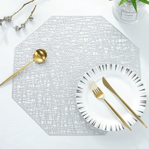 Tischset 4Er Set Abwaschbar, Metallisches hohles Achteck Platzset Modern, Tischset für Küchen Zuhause Esszimmertisch Restaurant, 40x38cm, Silber