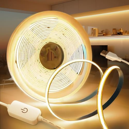 KSIBNW 5V USB COB LED Strip Lights, 5M/16.4ft Dimmable Led Light Strip Warm White 3000K LED Tape Lights Flexible CRI90+ TV Backlight with 1.3M USB Powered for Bedroom Cabinet Kitchen Home Decoration