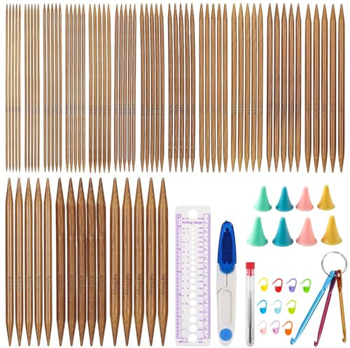Prmape 75 Stück Bambus Stricknadeln Set, 20 cm Nadelspiel Set, Stricknadel Bambus Set mit Strickzubehör, 2,0-10,0 mm Doppelspitzen Stricknadeln für Socken Handschuhe Schals Anfänger Sockennadeln Set
