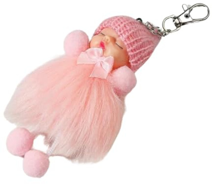 Porte-clés Décoratif Bébé Endormi en Peluche, Pompon Rose, Bonnet Tricoté avec Nœud