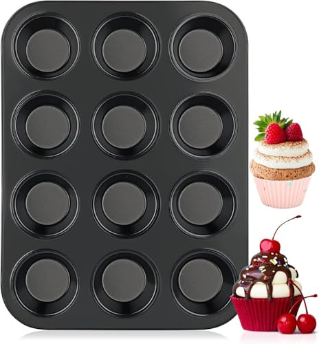 Heanvmyss Moules à Muffins,Moules à Cupcakes en Acier Carbone Antiadhésif,Moule Patisserie,Muffin Pan pour 12 Muffins,Plateau de Cuisson pour Petit Gâteau,Brownies,Pudding(Noir,35 * 26cm)