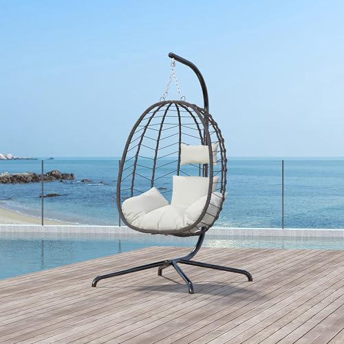 LEX CRAFT Hanging Egg Chair with Stand, Swinging Egg Chair Outdoor Indoor, Hanging Basket Chair with Cushion, Patio Wicker Hammock Chair 350lbs Capacity for Porch, Balcony, Backyard, Garden (Beige)