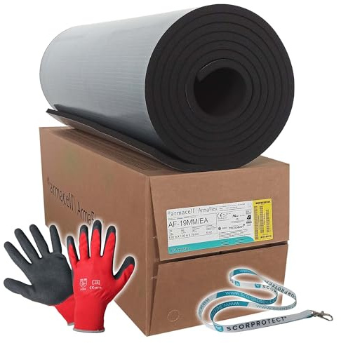 Armacell Armaflex original AF Plaques en caoutchouc auto-adhésives + gants rouges + Scorprotect® Porte-clés (Noir, épaisseur d’isolation 19 mm, 1000 x 6000 mm)