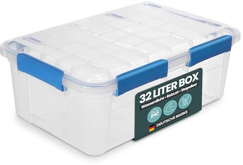 Kreher Aufbewahrungsbox mit Deckel, wasserdicht (1x 32 L) | Staub- & luftdicht dank Silikondichtung und Clips, transparent und stapelbar, BPA- & schadstofffrei, robuste Kunststoffbox