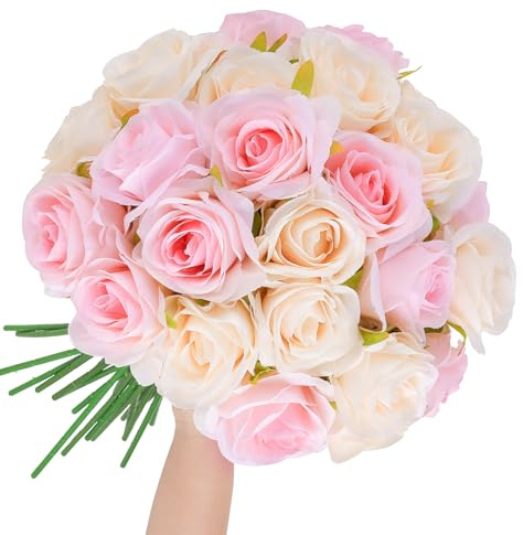 saerryor 32Pcs Artificial Roses with Stems Decor Fake Flower Bouquet, Pink | White & Pink Silk Plastic Roses, 52cm Long, for Home, Wedding, Party, Hotel & Office All-year Decoration