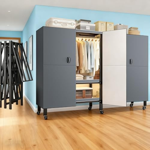 FKKPRVAX Tragbarer Kleiderschrank mit Rollen/Abdeckung (Kt MagnettüR), Stoffschrank Stabil Stahlrahmen 500kg, Faltbarer Stoffkleiderschrank für Schlafzimmer (Dunkelgrau YMY, 168CM)