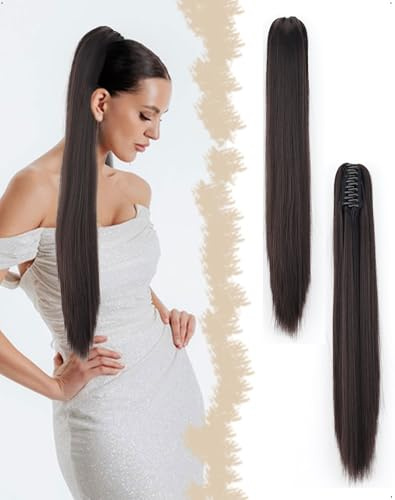 SanKristo Extension de cheveux en queue de cheval, 60 cm Longue Raides Layered lisses Postiche Extensions Fausse naturelles Ponytail synthétiques Clip à pince Rajout Femmes, Noir Brun