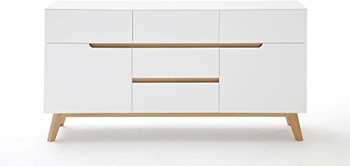 Beauty.Scouts Kommode Port of Two Sideboard, Schrank, Regal, Konsole, Buffet, Esszimmerschrank, Esszimmer, Speisezimmer, Wohnzimmer, Aufbewahrung, Weiss matt, Asteiche massiv, 145x76x40 cm