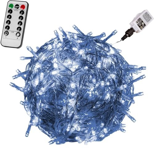 VOLTRONIC LED Lichterkette, IP44, Modell- und Farbwahl, 50 LEDs, Transparentes Kabel, kaltweiß, Fernbedienung