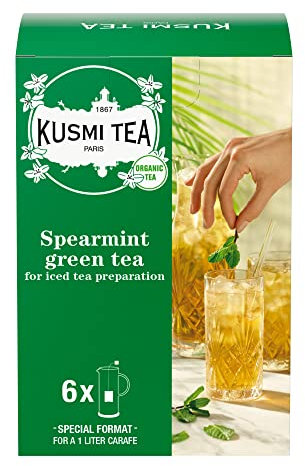 Kusmi Tea - Thé Vert à la Menthe Bio pour Thé Glacé - Mélange Biologique de Thé Vert Gunpowder et Menthe Poivrée - Thé Vert Aromatisé - Etui 6 Grands Sachets - 48 gr