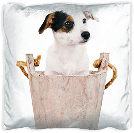 Wallario Dekokissen 40 x 40 cm mit weißer Rückseite, Hunde-Welpe Jack Russel Terrier in einem Holzeimer, Kuschelkissen mit weicher Plüsch-Oberfläche