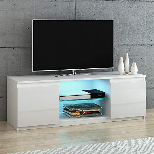 LED TV Stand,TV Stand with RGB LED Lights, High Gloss and Matt body Media Storage Console, Flat Screen TV Cabinet, Gaming Consoles - in Lounge Room, Living Room and Bedroom (White-With Led)