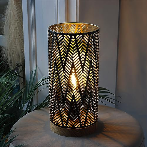 JHY DESIGN Table Lamp Battery Powered with LED Bulb 6-Hour Timer, 28.5cm High Cordless Light Lightning Patterned Lantern for Wedding Bedside Patio Garden (with Wooden Base)