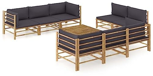 vidaXL Gartenmöbel 9-TLG. mit Dunkelgrauen Kissen Garten Garnitur Sitzgruppe Sofa Gartensofa Gartenset Sitzgarnitur Lounge Mittelsofa Ecksofa Bambus