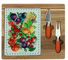 Brandani 52440 Tagliere Formaggi Le Primizie Acacia e Vetro Decorato Con 2 Coltelli Inox/Tpr, 23x26 cm