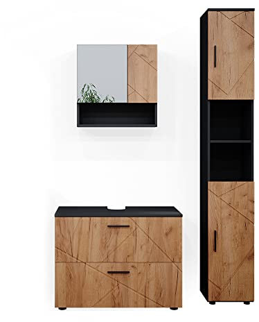 Vicco Badmöbel-Set Goldkraft Eiche/Anthrazit Irma, bestehend aus Bad Spiegelschrank, Waschbeckenunterschrank, Hochschrank - Harmonische Farb- und Materialkombinationen