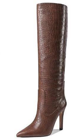 Stivali alti al ginocchio da donna in microfibra a punta con tacco alto slip-on fatti a mano lunghi stivali da donna ze9923-1s, marrone, 39 EU