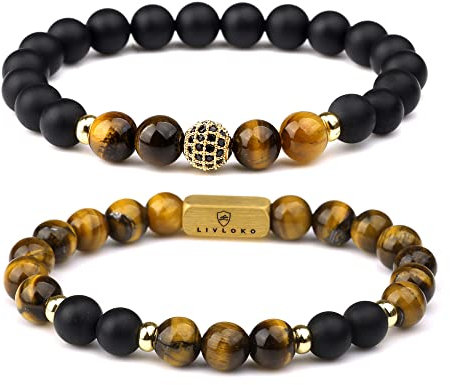 LIVLOKO Mens Bracelet Leather Black Multi-Layer Bracelet for Men Magnetic Clasp Rope Wristband Mens Gift for Boyfriend (Medium to Large 20-22cm, H. Tiger-Eye Black Agate Stacked)