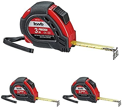 kwb PRECISA Band-Maß mit Maßband aus Stahl, 3 m, mit Hand-Schlaufe, inkl. Gürtel-Befestigung, mit Magnet-Haken, Maßband für Mess-Arbeiten im Holz-, Metall- und Trockenbau, 3er Pack