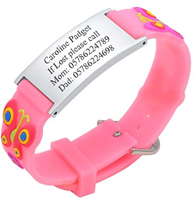 Personalisierte Sicherheitsarmband Kinder - Individuelle Edelstahl Tag & Cartoon Silikonband SOS Armband für Mädchen Jungen Kleinkind Gravur Kinder Anti-Verlust Notfall Armband ID Armbänder, Rosa