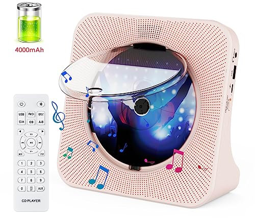 Qoosea Lettore CD Portatile con 4000mAh Batteria Lettore CD Desktop per Lettori CD Domestici con Altoparlanti Bluetooth 5.0 Remote Control Dust Cover Display FM Radio Timer USB AUX Porta Cuffie(rosa)