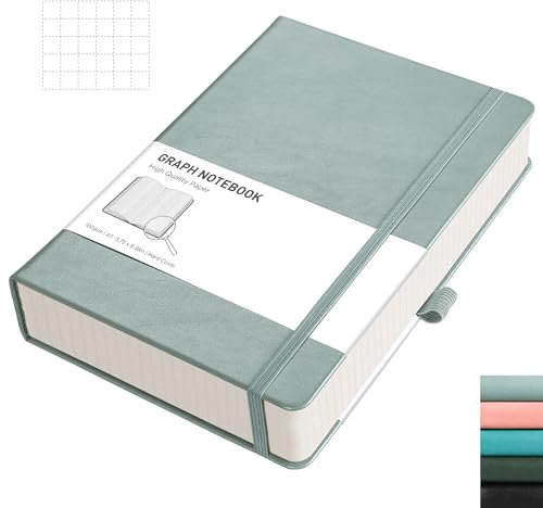 RETTACY Graph Paper Notebook - 320 Pages Grid Notebook Thick Journal A5, 100gsm Thick Graph Paper, Leather Hardcover - Gray Blue