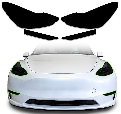 MusTree Vorgeschnittenes Vinyl-Overlay-Tönungs-Set, passend für Tesla Model Y 2020–2023, Zubehör mit glänzender dunkler Rauchfolie, Vinyl-Aufkleber, Außenteile (Scheinwerfer + Nebelscheinwerfer)