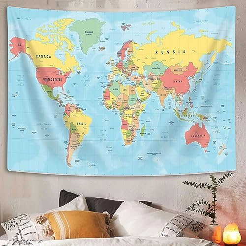 VeiVian Wandteppich mit Weltkarte, Asien, Europa, Südstadt, Topografie, Amerika, Afrika, Japan, Poster, Bildung, Kinder, Studenten, Weltkarte, Wandteppich für Schlafzimmer, Wohnzimmer, Heimbüro, 203 x