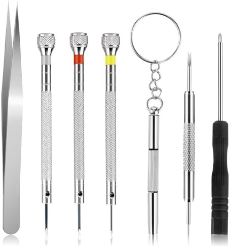 Amaxiu Mini Set di Cacciaviti, 7 Pezzi Strumento per la Rimozione delle maglie dell'Orologio con 9 Diverse Dimensioni a Testa Piatta e Pinzette Phillips per Chiave per Orologio Gioielli Riparazione