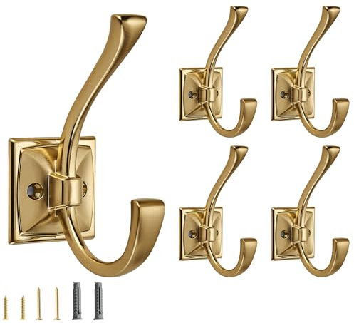 CABDM 5 Pack Decorative Heavy Duty Towel Hooks for Hanging Robe Double Brushed Brass Coat Hooks Wall Mounted with Screws for Key, Towel, Bags, Cup, Hat