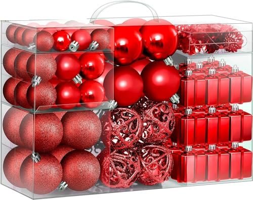 KESSER® Weihnachtskugeln 102-teiliges Set, mit Baumspitze Christbaumkugeln Kunststoff Bruchsicher mit Plastik Weihnachtsbaumkugeln Box Weihnachtsbaum Weihnachtsdeko Deko & Christbaumschmuck, Rot