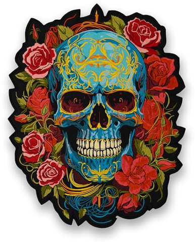 EMBROVERSE Großer blauer und goldener bestickter Totenkopf-Aufnäher mit Rosen – Gothic Punk Aufnäher zum Aufbügeln auf der Rückseite für Jacken und Taschen, 20 x 25 cm